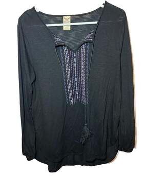Faded‎ Glory Black Embroidered Tassel Boho Peasant Top